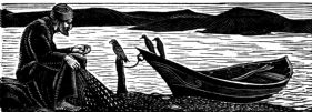 wood-engraving print: The Fisherman for The Bird Talisman